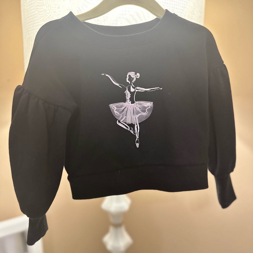 Janie and Jack Black Sweatshirt with Ballerina Graphic (Pink Accent)
